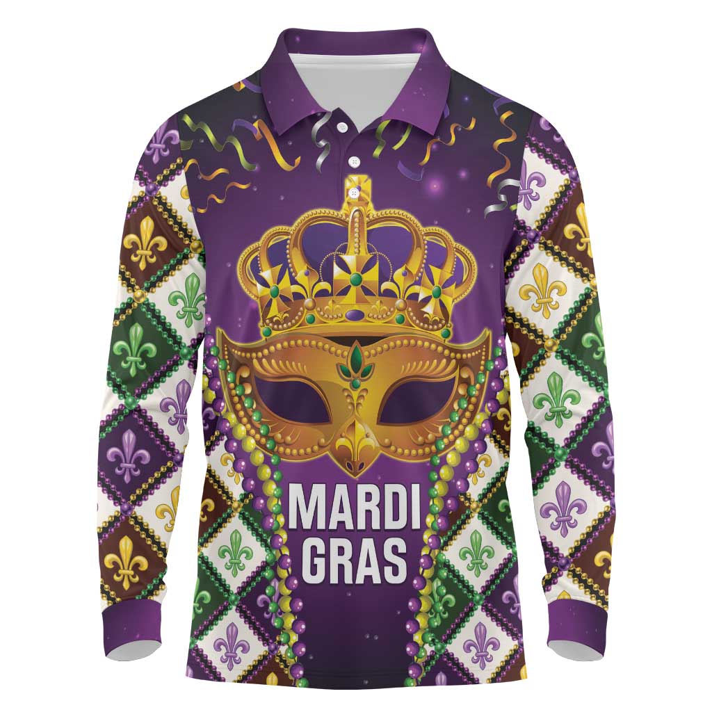 King Mask Mardi Gras Long Sleeve Polo Shirt Let's Party Beadeds With Fleur De Lis - Wonder Print Shop