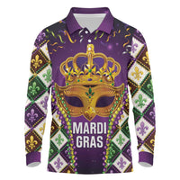 King Mask Mardi Gras Long Sleeve Polo Shirt Let's Party Beadeds With Fleur De Lis - Wonder Print Shop