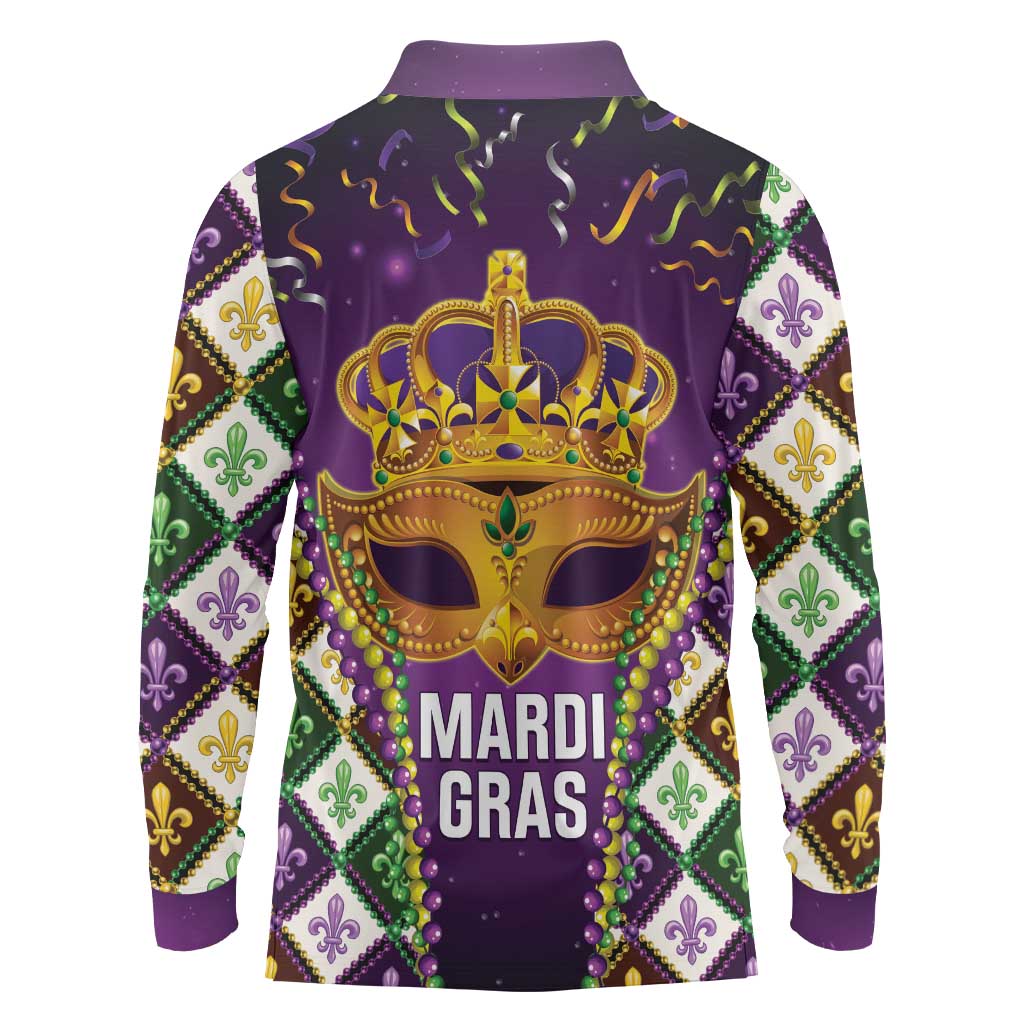 King Mask Mardi Gras Long Sleeve Polo Shirt Let's Party Beadeds With Fleur De Lis - Wonder Print Shop