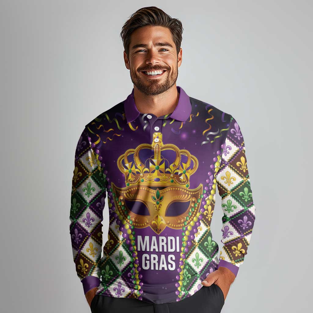 King Mask Mardi Gras Long Sleeve Polo Shirt Let's Party Beadeds With Fleur De Lis - Wonder Print Shop