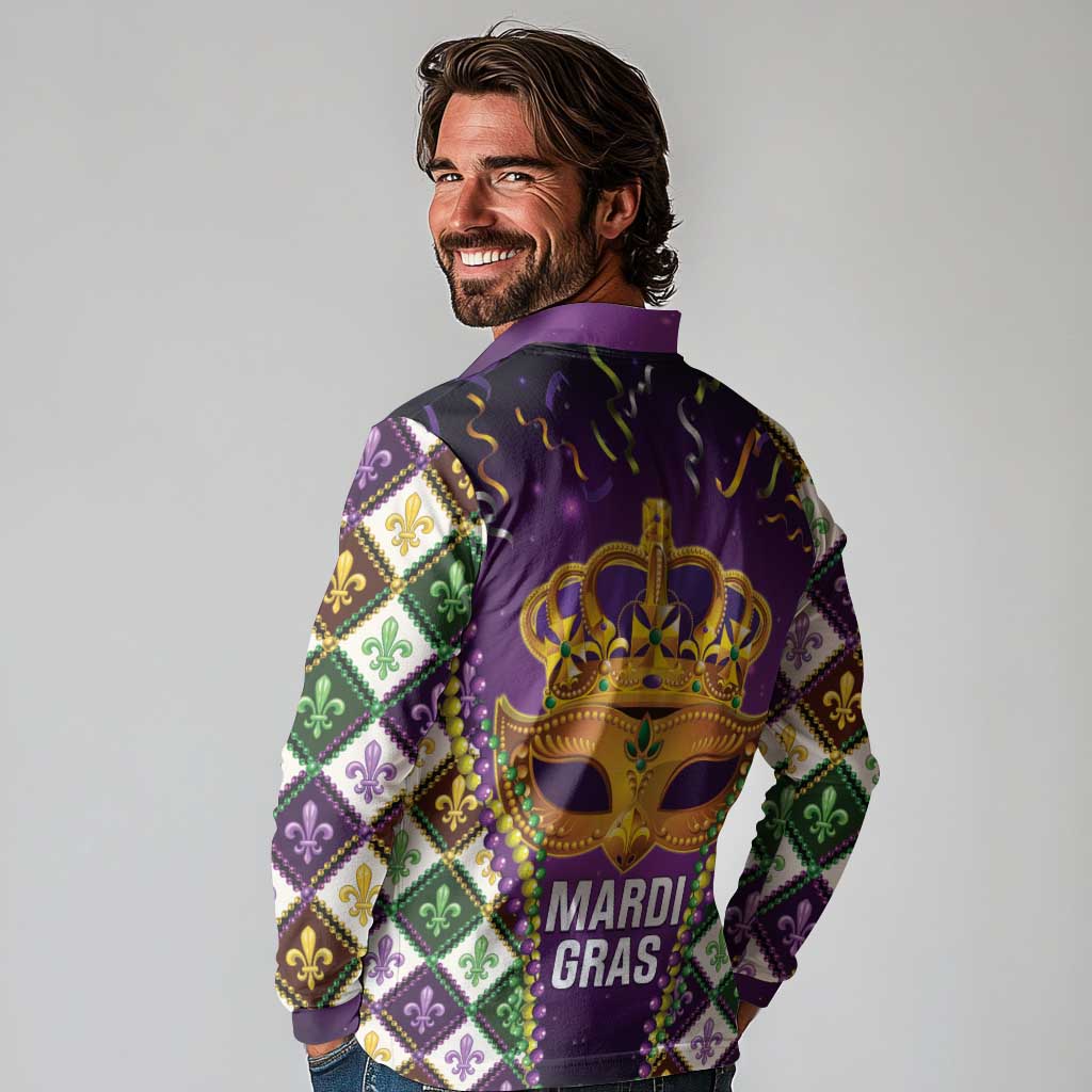 King Mask Mardi Gras Long Sleeve Polo Shirt Let's Party Beadeds With Fleur De Lis - Wonder Print Shop