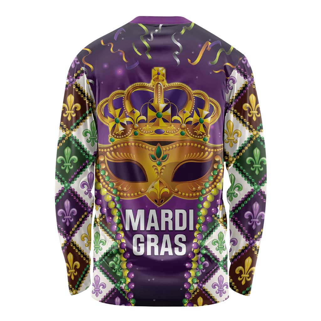 King Mask Mardi Gras Long Sleeve Shirt Let's Party Beadeds With Fleur De Lis - Wonder Print Shop