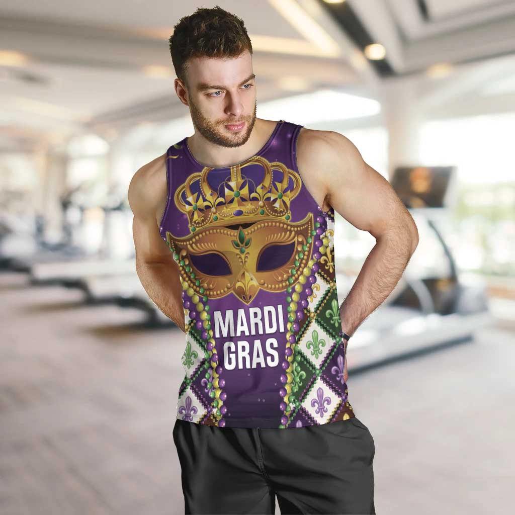 King Mask Mardi Gras Men Tank Top Let's Party Beadeds With Fleur De Lis - Wonder Print Shop