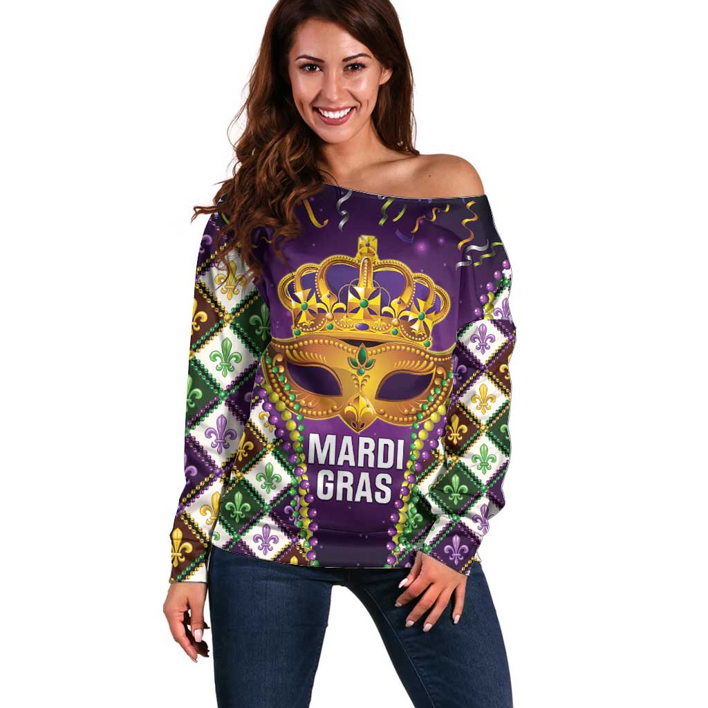 King Mask Mardi Gras Off Shoulder Sweater Let's Party Beadeds With Fleur De Lis - Wonder Print Shop