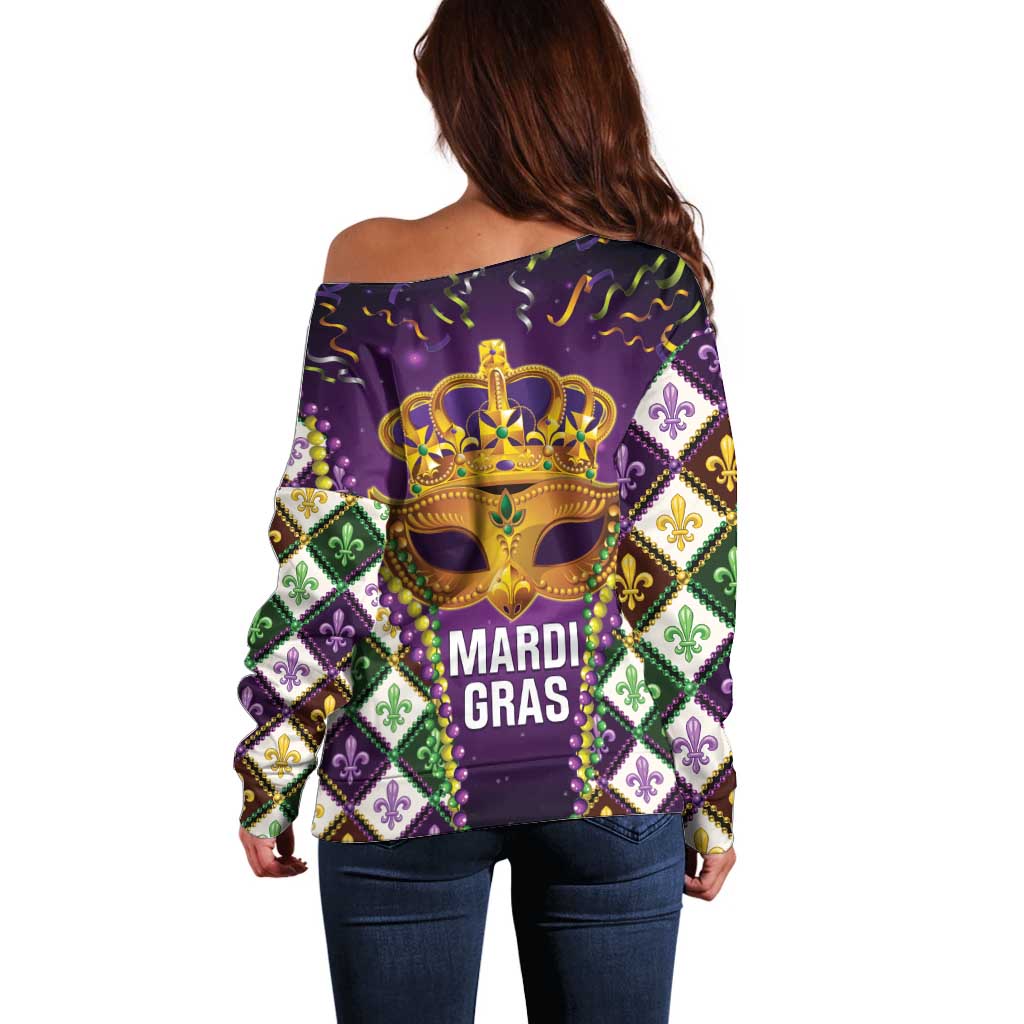 King Mask Mardi Gras Off Shoulder Sweater Let's Party Beadeds With Fleur De Lis - Wonder Print Shop
