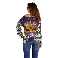 King Mask Mardi Gras Off Shoulder Sweater Let's Party Beadeds With Fleur De Lis - Wonder Print Shop