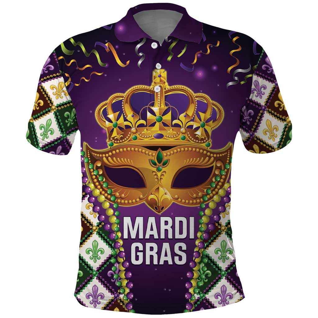 King Mask Mardi Gras Polo Shirt Let's Party Beadeds With Fleur De Lis - Wonder Print Shop