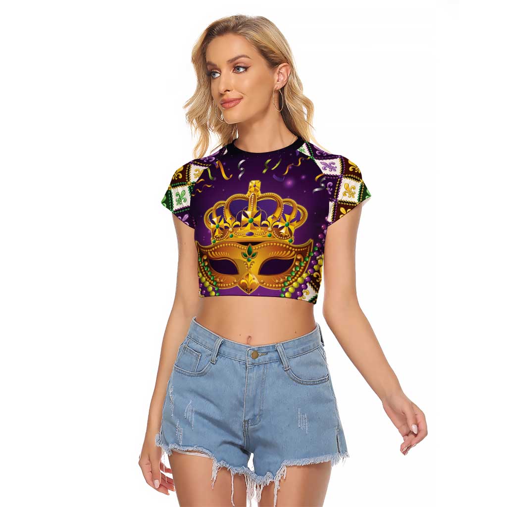 King Mask Mardi Gras Raglan Cropped T Shirt Let's Party Beadeds With Fleur De Lis - Wonder Print Shop