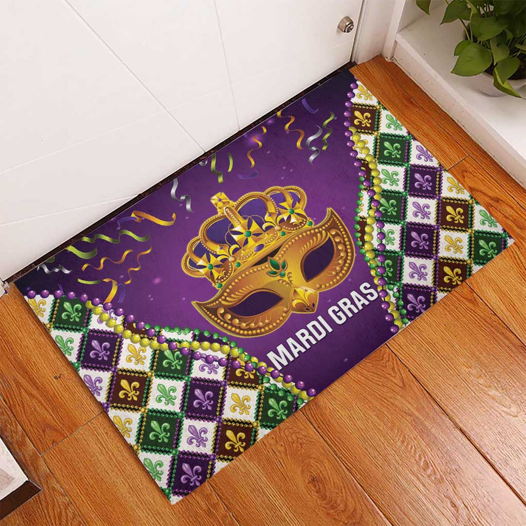 King Mask Mardi Gras Rubber Doormat Let's Party Beadeds With Fleur De Lis - Wonder Print Shop