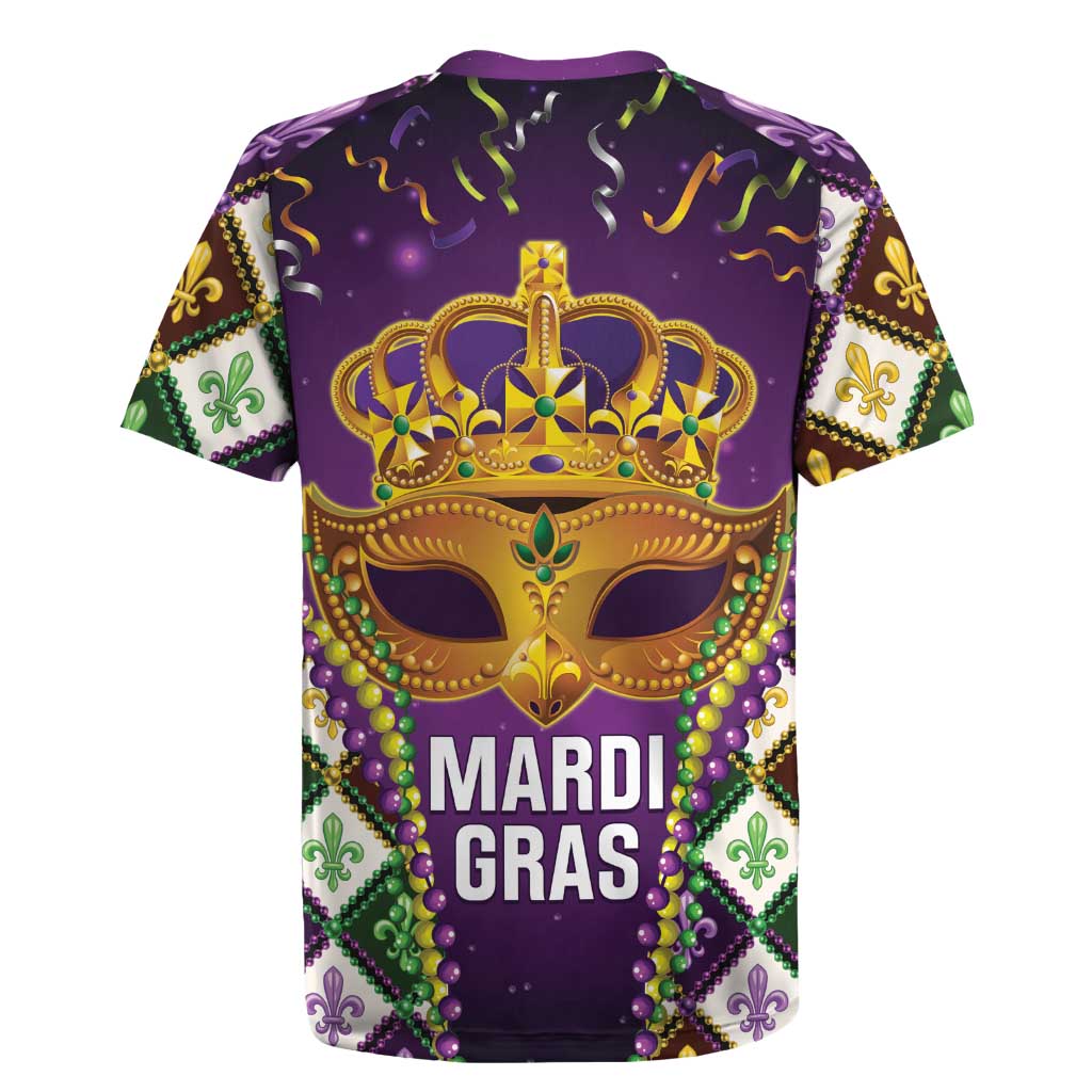 King Mask Mardi Gras Rugby Jersey Let's Party Beadeds With Fleur De Lis - Wonder Print Shop