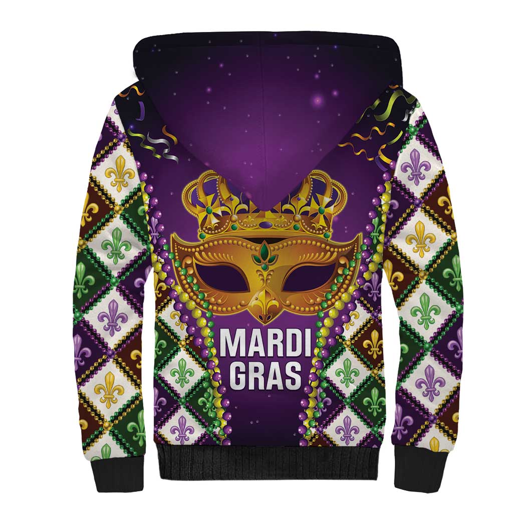 King Mask Mardi Gras Sherpa Hoodie Let's Party Beadeds With Fleur De Lis - Wonder Print Shop