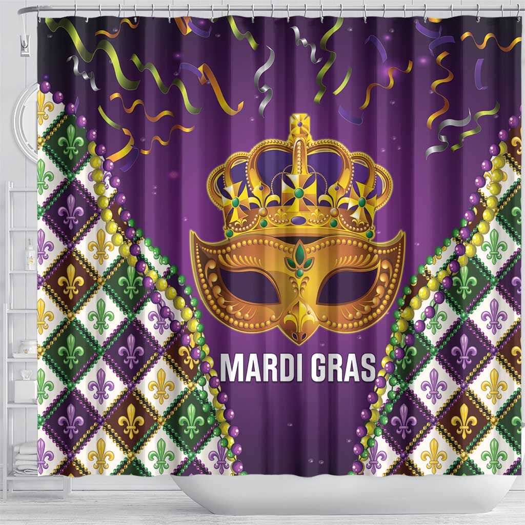 King Mask Mardi Gras Shower Curtain Let's Party Beadeds With Fleur De Lis