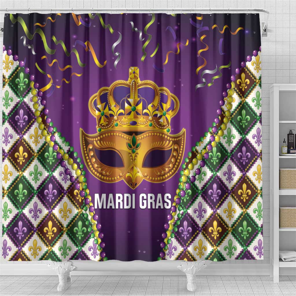 King Mask Mardi Gras Shower Curtain Let's Party Beadeds With Fleur De Lis