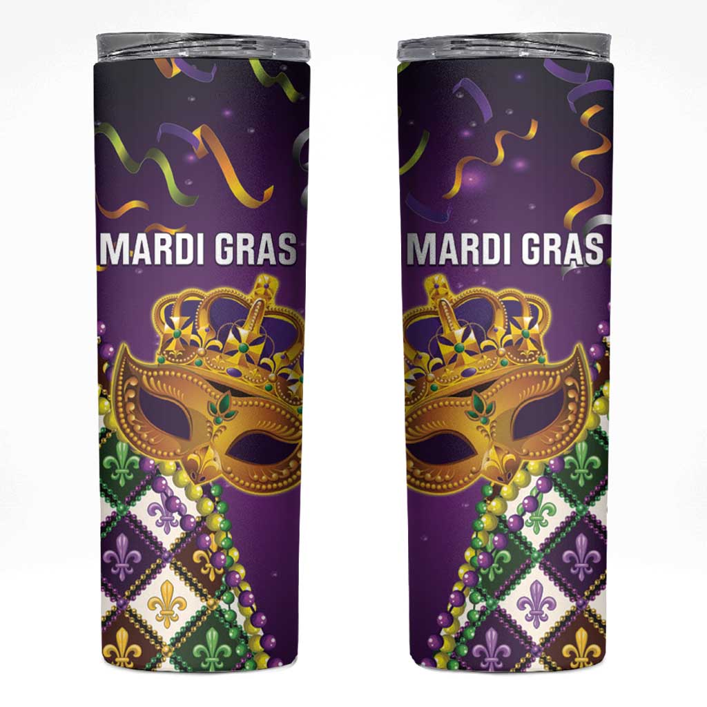 King Mask Mardi Gras Skinny Tumbler Let's Party Beadeds With Fleur De Lis - Wonder Print Shop