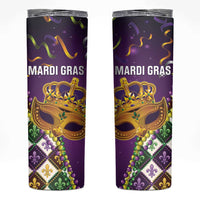 King Mask Mardi Gras Skinny Tumbler Let's Party Beadeds With Fleur De Lis - Wonder Print Shop
