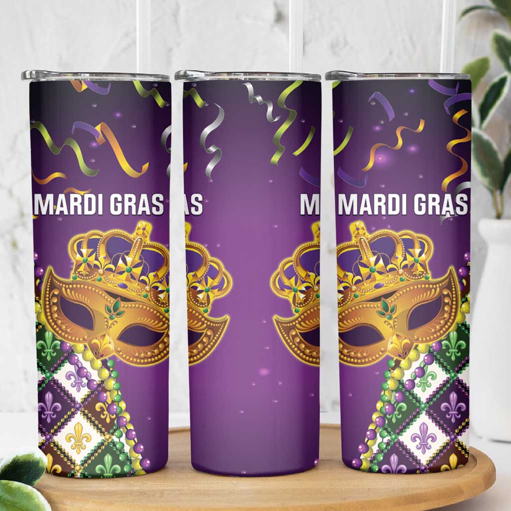 King Mask Mardi Gras Skinny Tumbler Let's Party Beadeds With Fleur De Lis - Wonder Print Shop