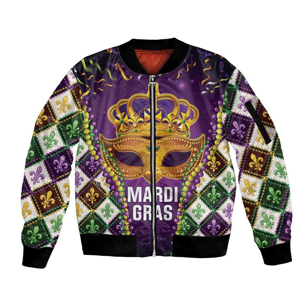 King Mask Mardi Gras Sleeve Zip Bomber Jacket Let's Party Beadeds With Fleur De Lis - Wonder Print Shop