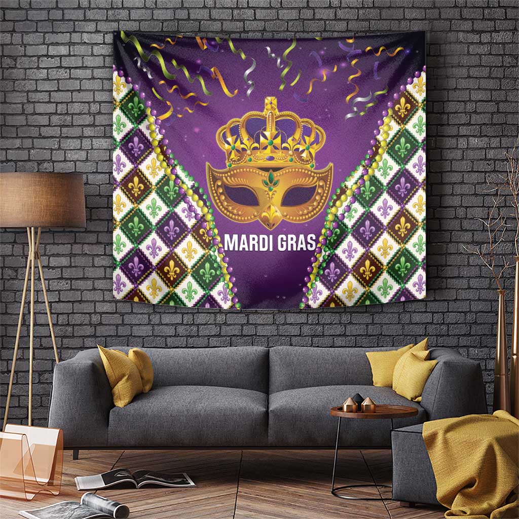 King Mask Mardi Gras Tapestry Let's Party Beadeds With Fleur De Lis - Wonder Print Shop