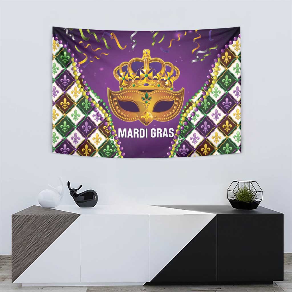 King Mask Mardi Gras Tapestry Let's Party Beadeds With Fleur De Lis - Wonder Print Shop