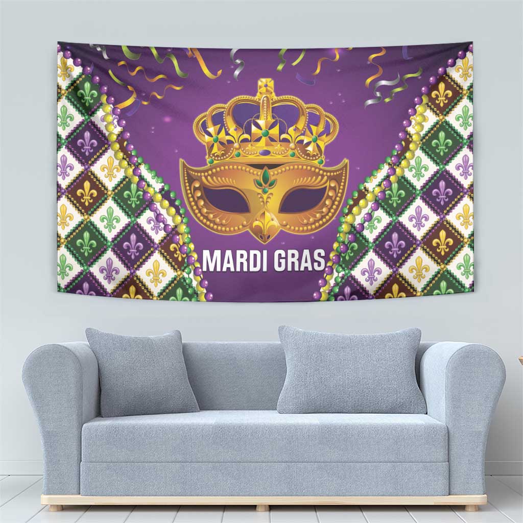 King Mask Mardi Gras Tapestry Let's Party Beadeds With Fleur De Lis - Wonder Print Shop