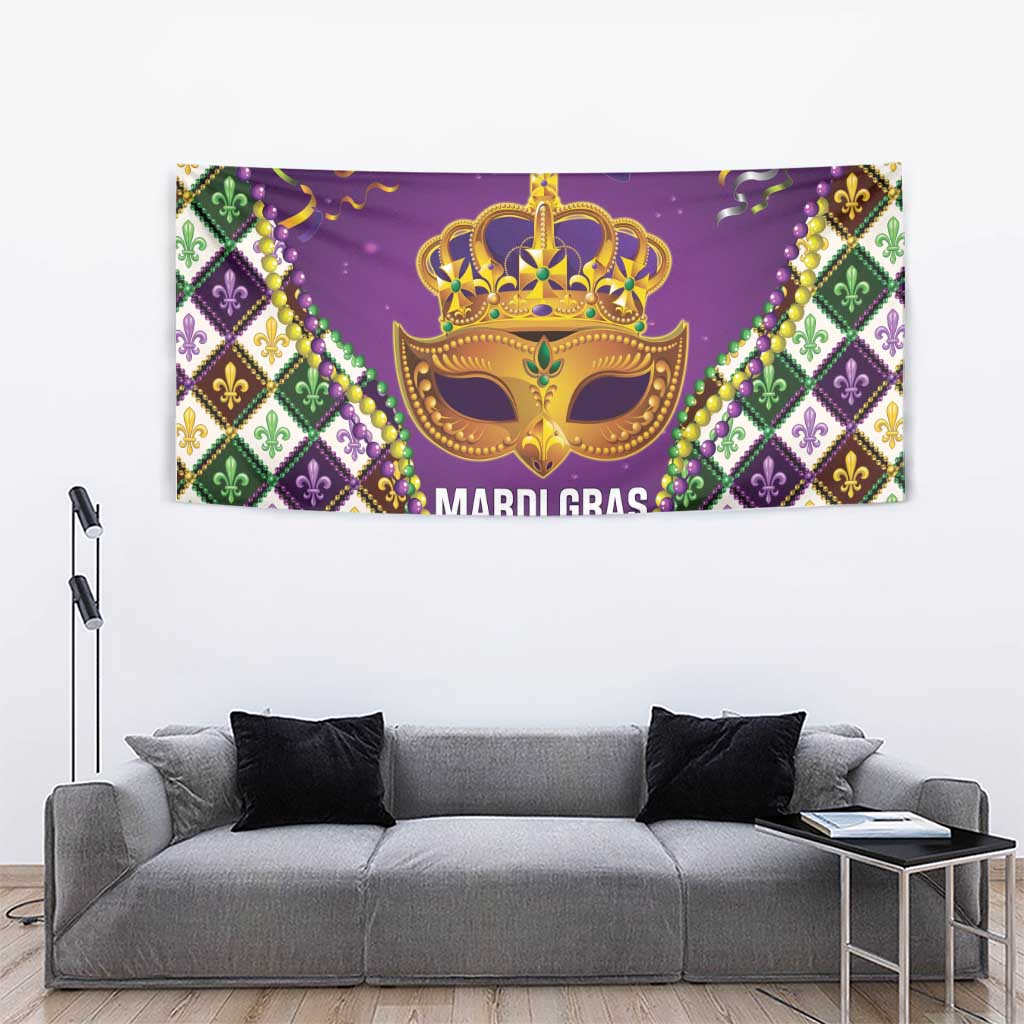 King Mask Mardi Gras Tapestry Let's Party Beadeds With Fleur De Lis - Wonder Print Shop