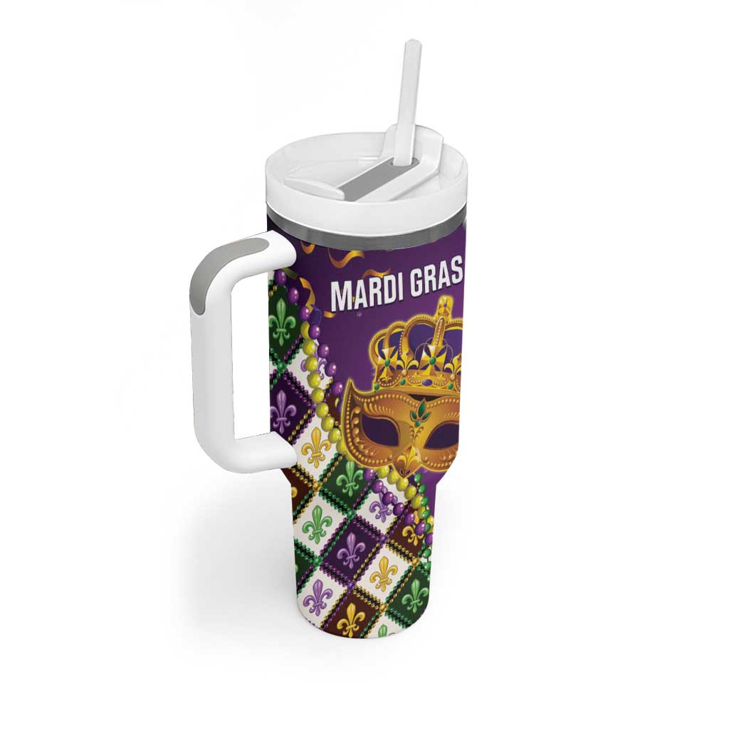 King Mask Mardi Gras Tumbler With Handle Let's Party Beadeds With Fleur De Lis - Wonder Print Shop