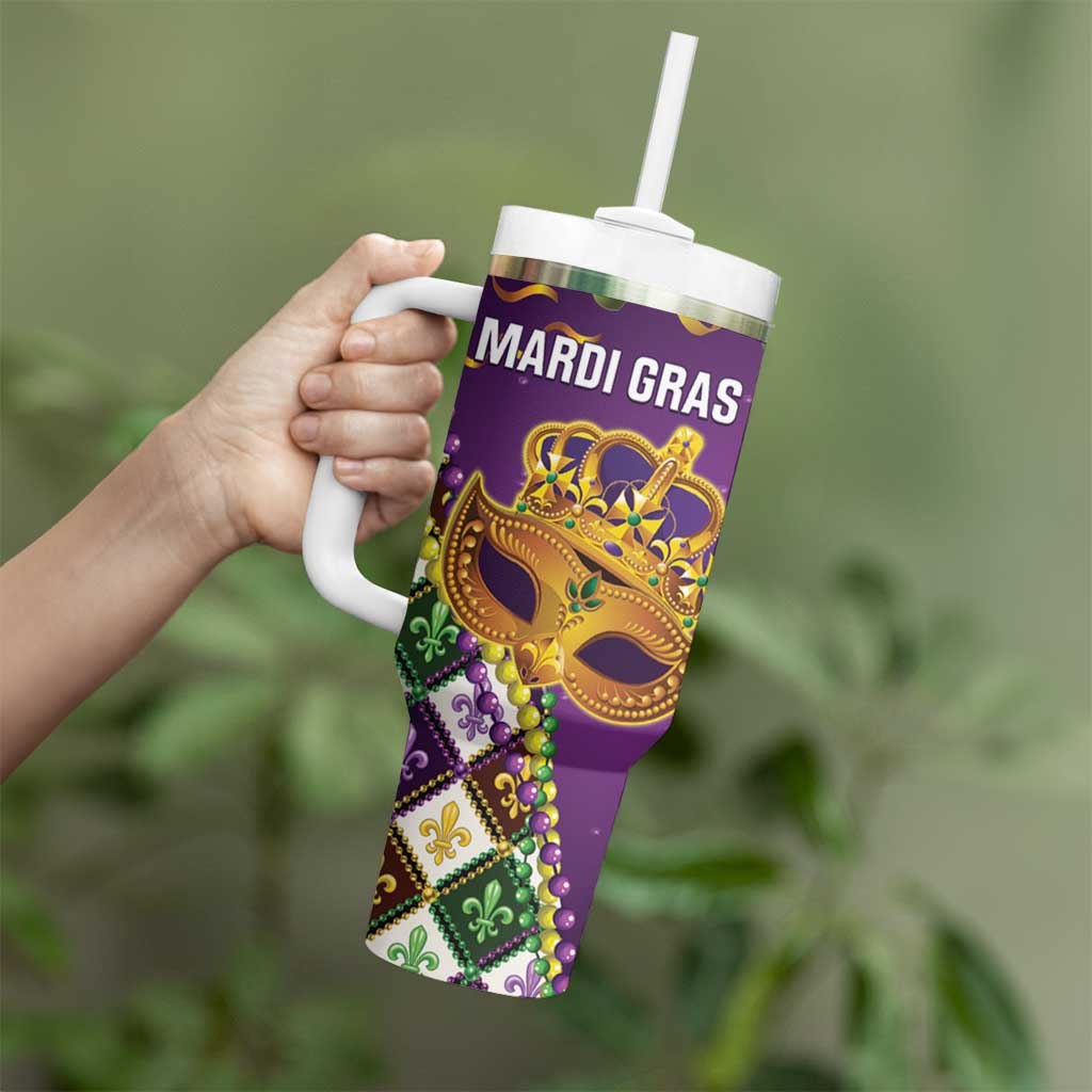 King Mask Mardi Gras Tumbler With Handle Let's Party Beadeds With Fleur De Lis - Wonder Print Shop