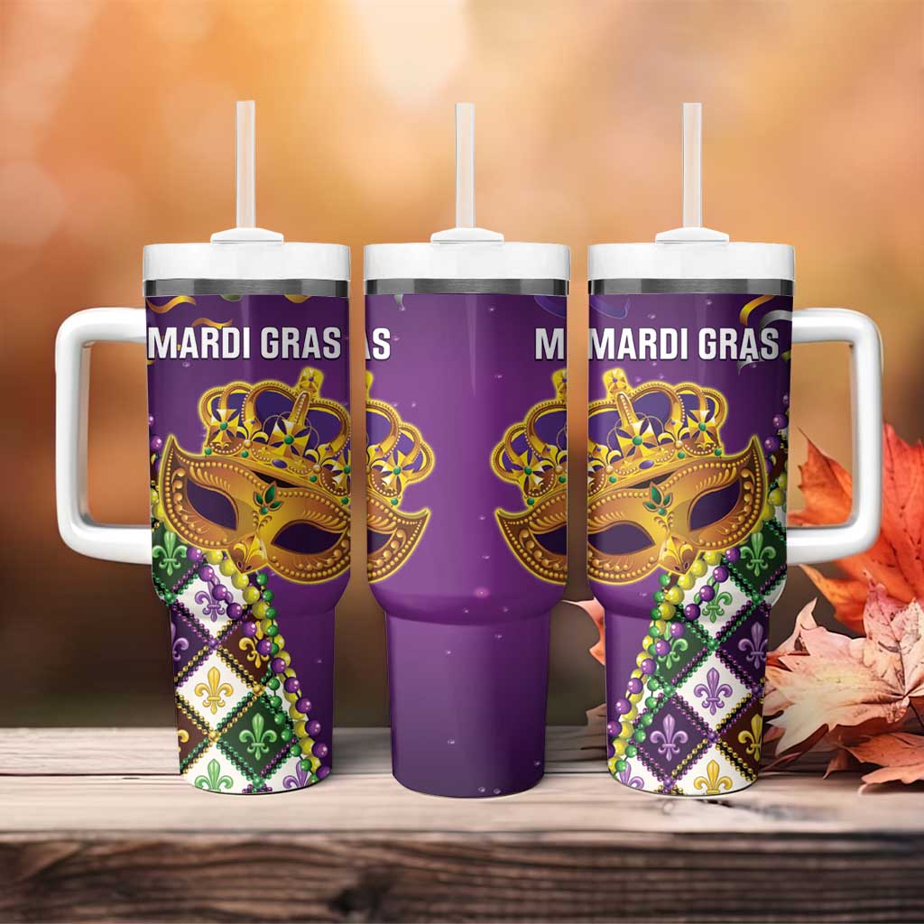 King Mask Mardi Gras Tumbler With Handle Let's Party Beadeds With Fleur De Lis - Wonder Print Shop