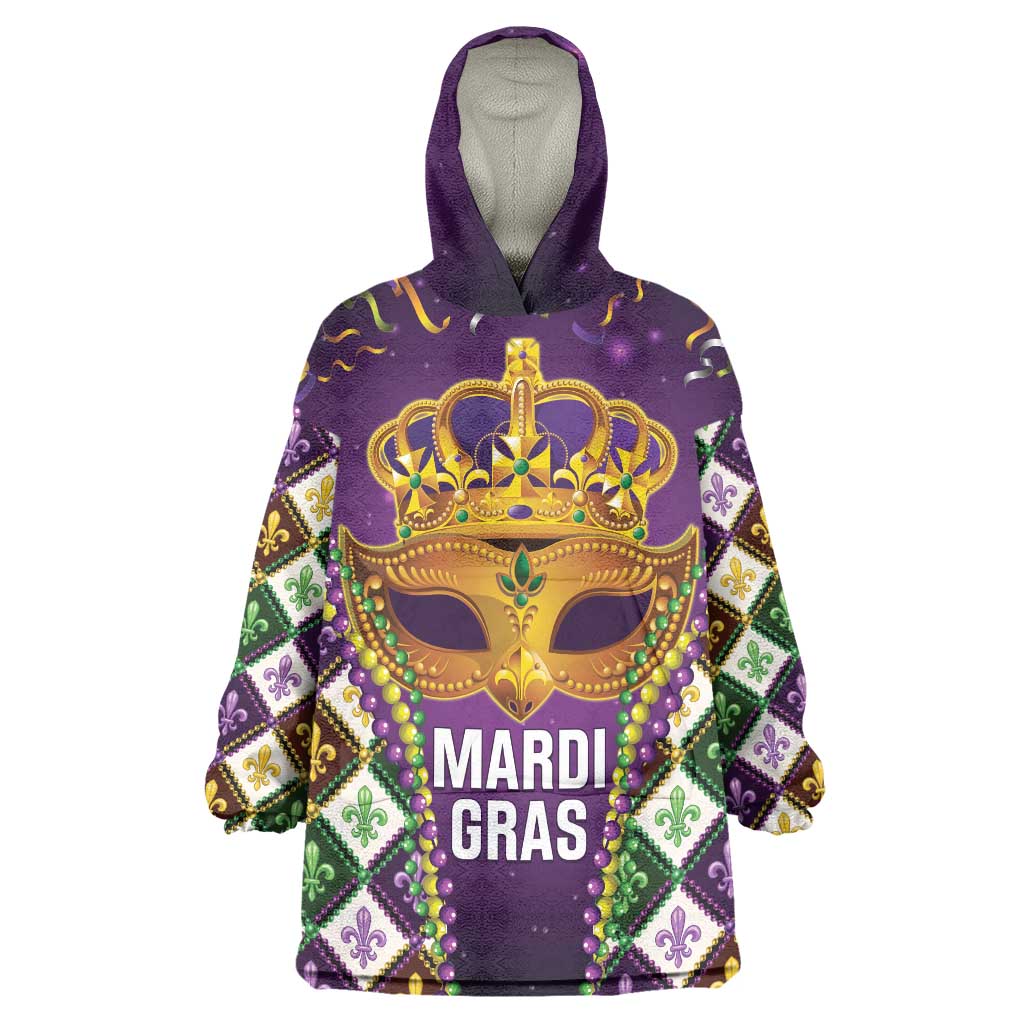 King Mask Mardi Gras Wearable Blanket Hoodie Let's Party Beadeds With Fleur De Lis - Wonder Print Shop