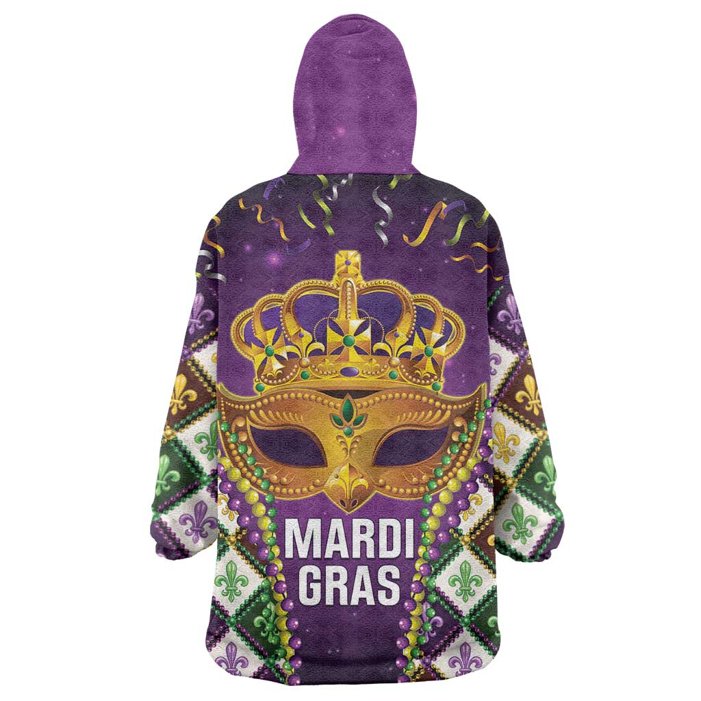 King Mask Mardi Gras Wearable Blanket Hoodie Let's Party Beadeds With Fleur De Lis - Wonder Print Shop
