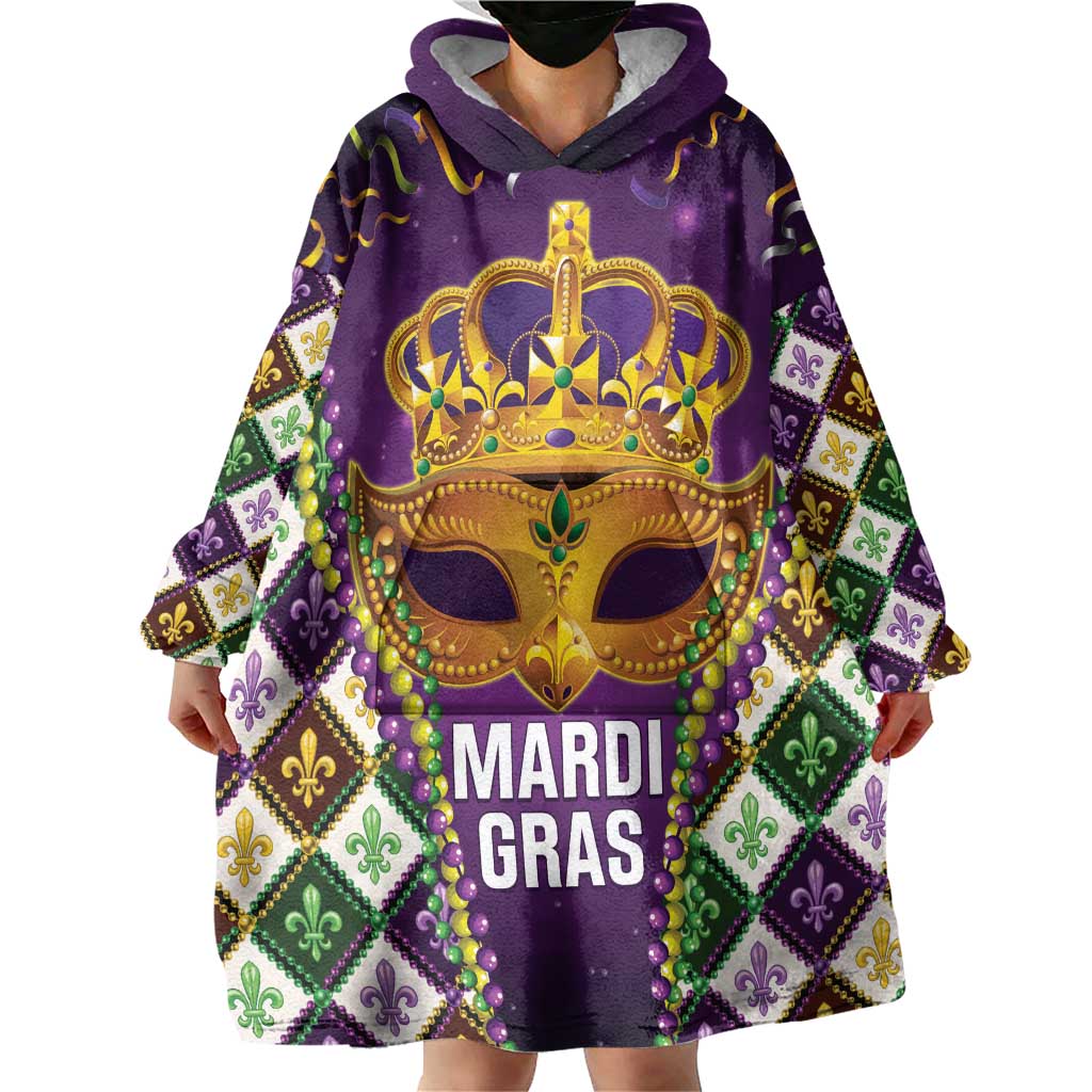 King Mask Mardi Gras Wearable Blanket Hoodie Let's Party Beadeds With Fleur De Lis - Wonder Print Shop