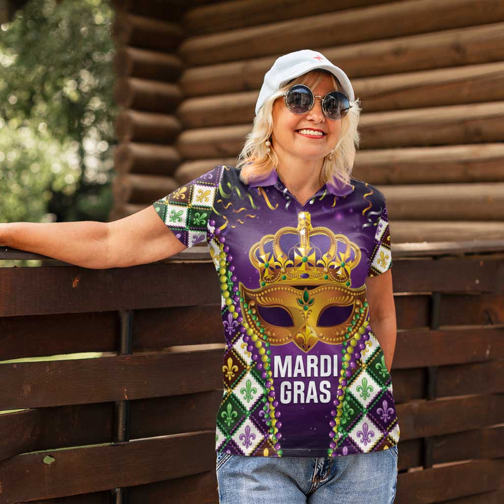 King Mask Mardi Gras Women Polo Shirt Let's Party Beadeds With Fleur De Lis - Wonder Print Shop