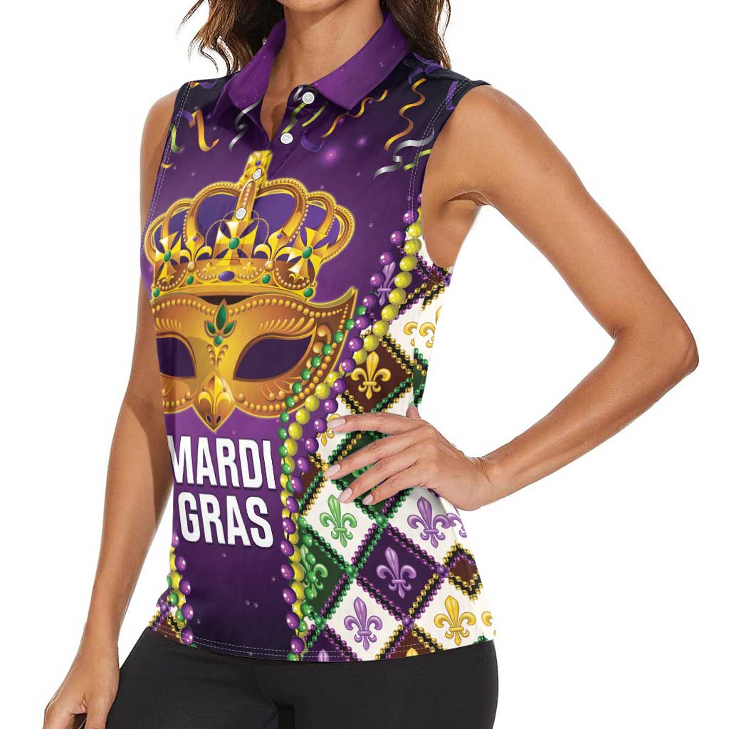 King Mask Mardi Gras Women Sleeveless Polo Shirt Let's Party Beadeds With Fleur De Lis - Wonder Print Shop