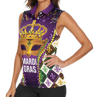 King Mask Mardi Gras Women Sleeveless Polo Shirt Let's Party Beadeds With Fleur De Lis - Wonder Print Shop