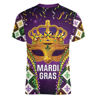 King Mask Mardi Gras Women V-Neck T-Shirt Let's Party Beadeds With Fleur De Lis - Wonder Print Shop