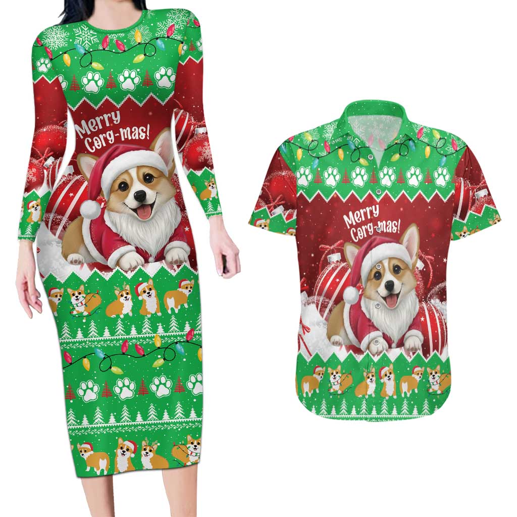 Personalised Wales Corgi Christmas Couples Matching Long Sleeve Bodycon Dress and Hawaiian Shirt Merry Corg-mas Flag Color - Wonder Print Shop