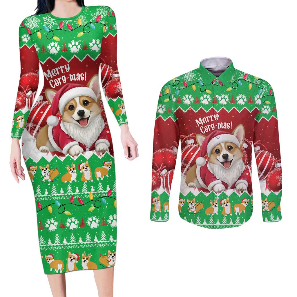 Personalised Wales Corgi Christmas Couples Matching Long Sleeve Bodycon Dress and Long Sleeve Button Shirt Merry Corg-mas Flag Color - Wonder Print Shop