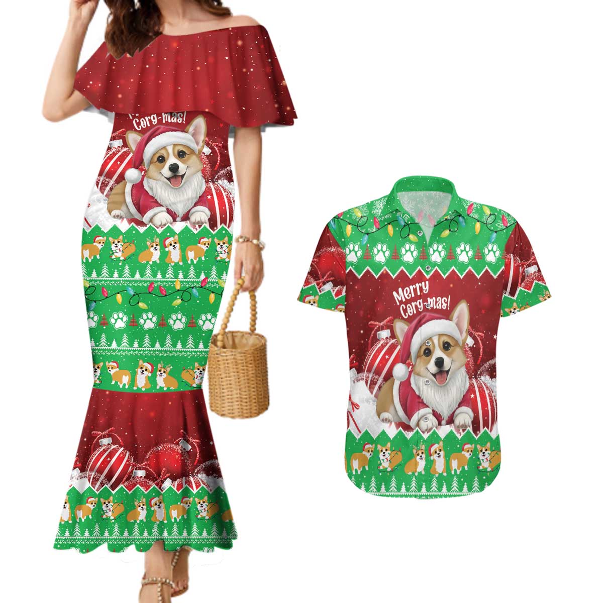 Personalised Wales Corgi Christmas Couples Matching Mermaid Dress and Hawaiian Shirt Merry Corg-mas Flag Color - Wonder Print Shop