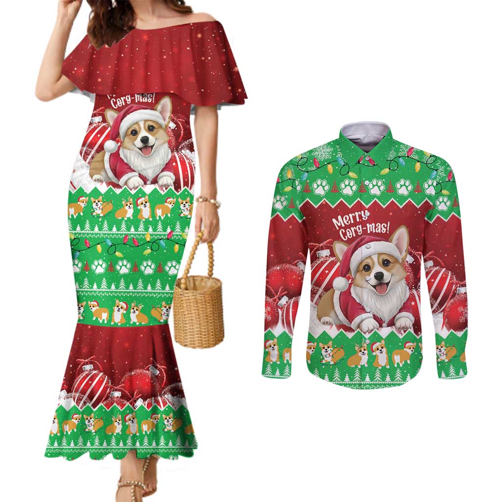 Personalised Wales Corgi Christmas Couples Matching Mermaid Dress and Long Sleeve Button Shirt Merry Corg-mas Flag Color - Wonder Print Shop