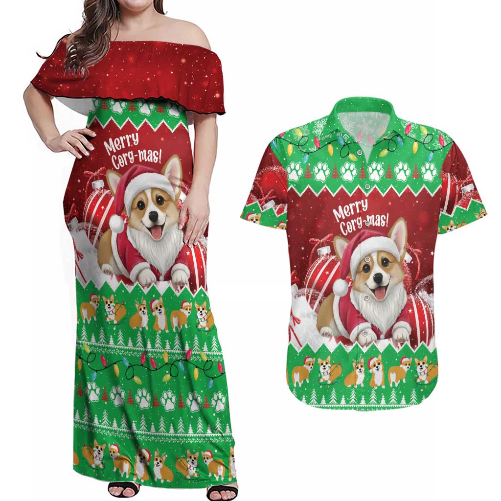 Personalised Wales Corgi Christmas Couples Matching Off Shoulder Maxi Dress and Hawaiian Shirt Merry Corg-mas Flag Color - Wonder Print Shop