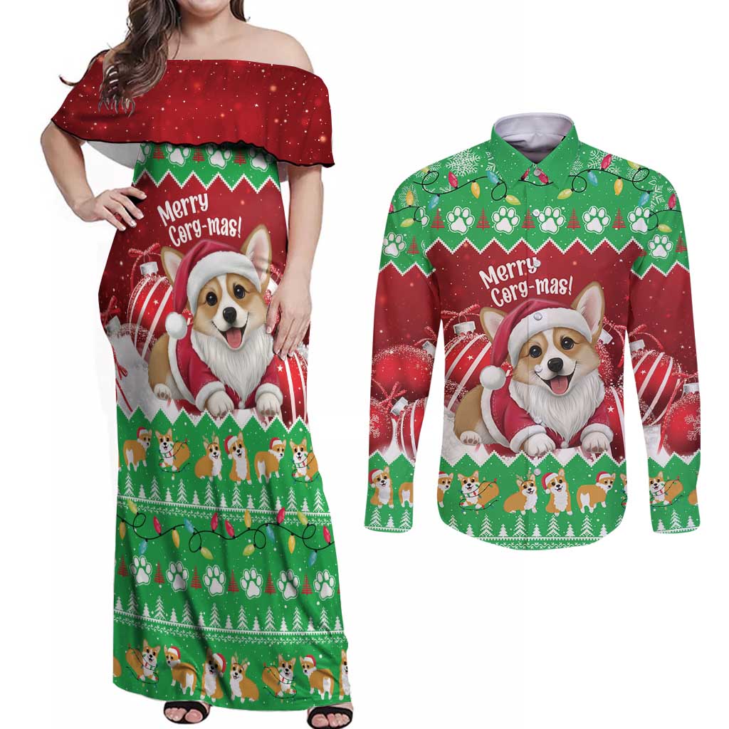 Personalised Wales Corgi Christmas Couples Matching Off Shoulder Maxi Dress and Long Sleeve Button Shirt Merry Corg-mas Flag Color - Wonder Print Shop