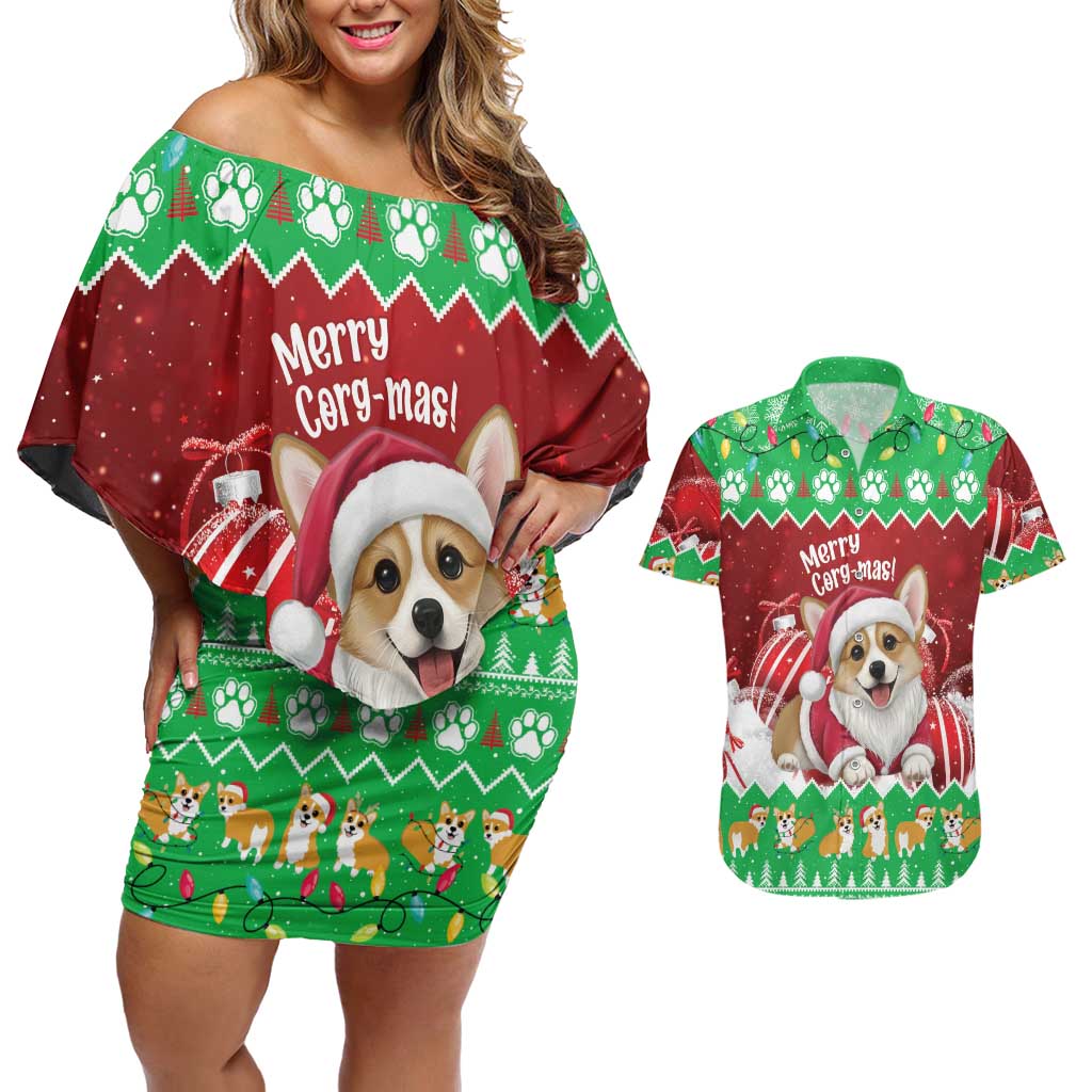 Personalised Wales Corgi Christmas Couples Matching Off Shoulder Short Dress and Hawaiian Shirt Merry Corg-mas Flag Color - Wonder Print Shop