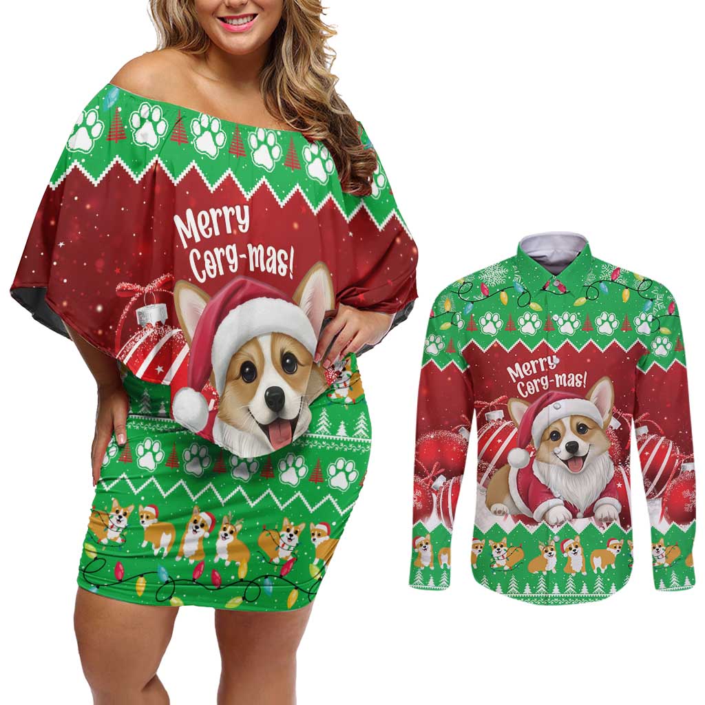 Personalised Wales Corgi Christmas Couples Matching Off Shoulder Short Dress and Long Sleeve Button Shirt Merry Corg-mas Flag Color - Wonder Print Shop