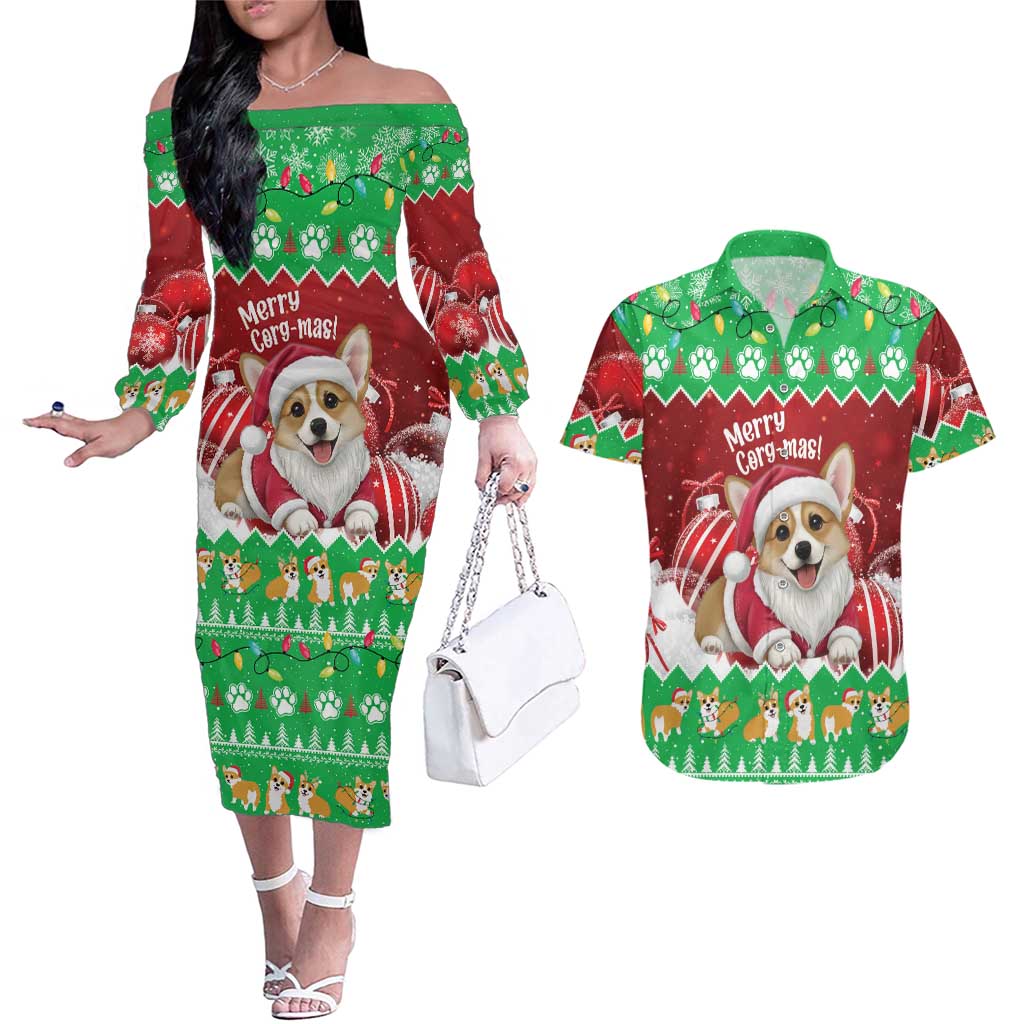 Personalised Wales Corgi Christmas Couples Matching Off The Shoulder Long Sleeve Dress and Hawaiian Shirt Merry Corg-mas Flag Color - Wonder Print Shop