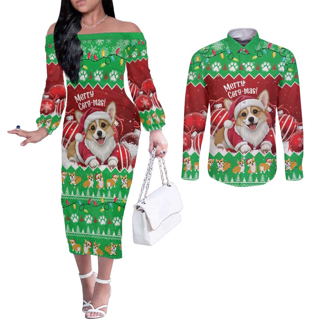Personalised Wales Corgi Christmas Couples Matching Off The Shoulder Long Sleeve Dress and Long Sleeve Button Shirt Merry Corg-mas Flag Color - Wonder Print Shop