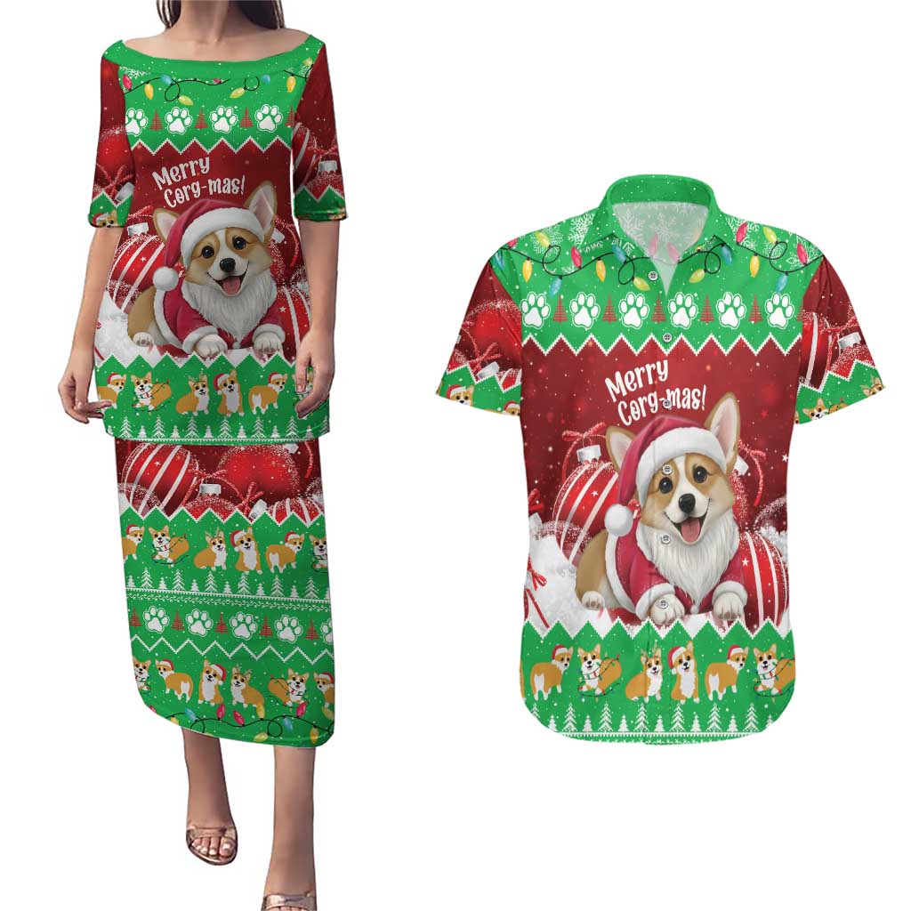 Personalised Wales Corgi Christmas Couples Matching Puletasi and Hawaiian Shirt Merry Corg-mas Flag Color - Wonder Print Shop