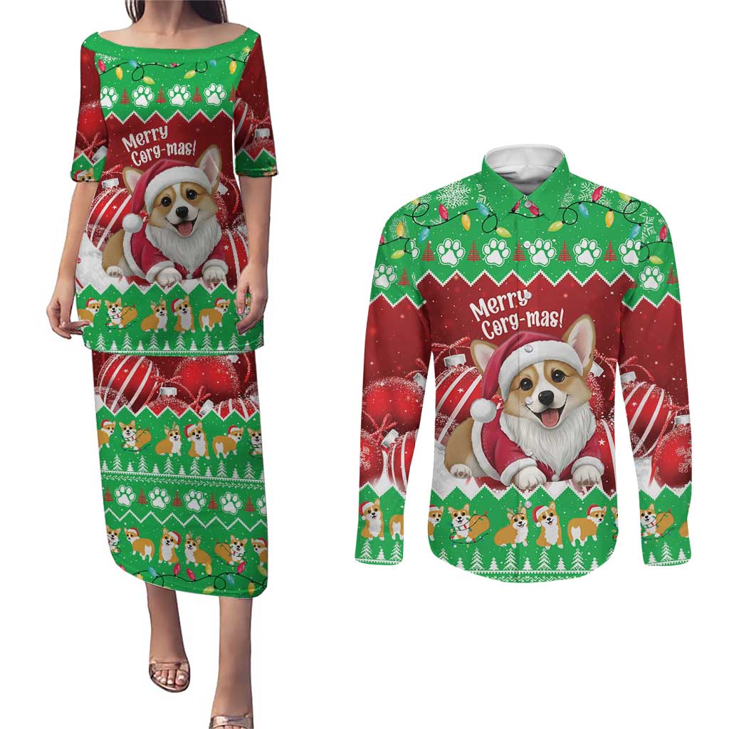 Personalised Wales Corgi Christmas Couples Matching Puletasi and Long Sleeve Button Shirt Merry Corg-mas Flag Color - Wonder Print Shop