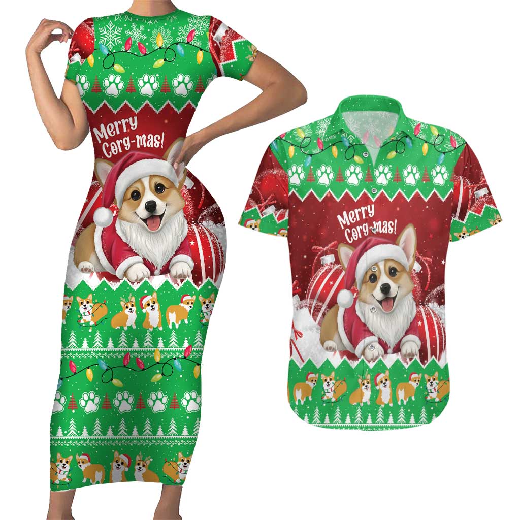 Personalised Wales Corgi Christmas Couples Matching Short Sleeve Bodycon Dress and Hawaiian Shirt Merry Corg-mas Flag Color - Wonder Print Shop