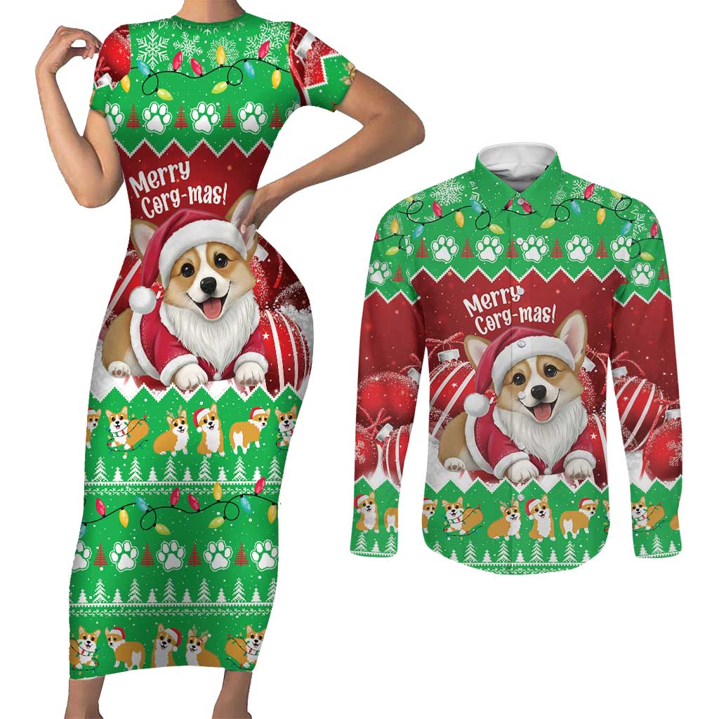 Personalised Wales Corgi Christmas Couples Matching Short Sleeve Bodycon Dress and Long Sleeve Button Shirt Merry Corg-mas Flag Color - Wonder Print Shop