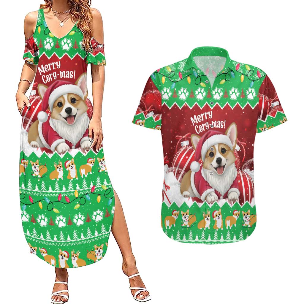 Personalised Wales Corgi Christmas Couples Matching Summer Maxi Dress and Hawaiian Shirt Merry Corg-mas Flag Color - Wonder Print Shop